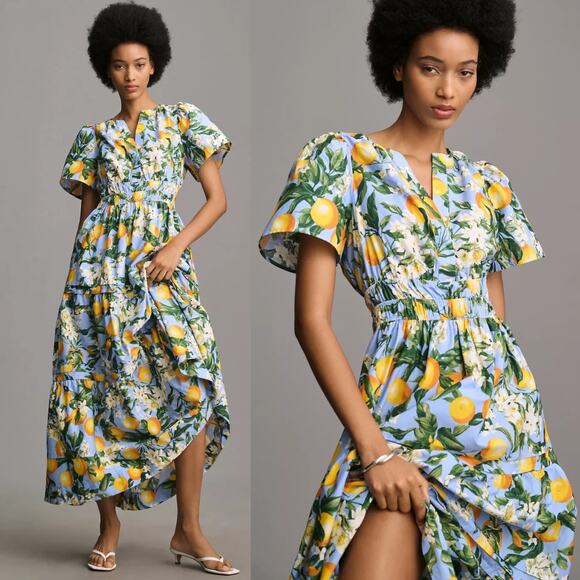 Anthropologie Dress Somerset Maxi Floral Flutter Sleeve Dress Iris Blue Size L - Picture 6 of 9